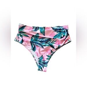 XL Cupshe pink tropical leaves high waisted cut ruched bikini bottom beach